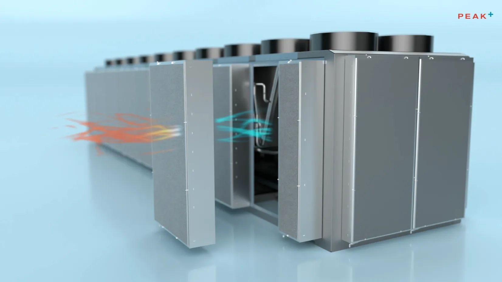 Peak+ adiabatic precooling system showing hot air entering and cool air exiting the condenser